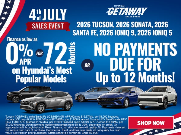 0% for 72/mo OR No Payments for up to 12 Months!